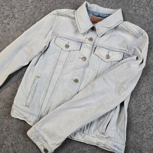 Levis Trucker Jacket Womens M‎ Denim Embroidered Floral Sleeves White Flower